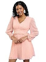 Tokyo Talkies Pink Self Design V-Neck Puff Sleeve Fit Flare Above Knee Dress