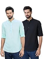 See Designs Men’s Roll-Up Sleeve Mandarin Collar Deluxe Cotton Solid Short Kurta (Pack of 2) – Festive Collection