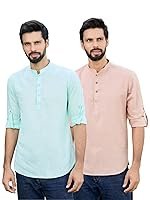 See Designs Men’s Roll-Up Sleeve Mandarin Collar Deluxe Cotton Solid Short Kurta (Pack of 2) – Festive Collection