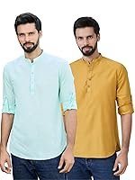 See Designs Men’s Roll-Up Sleeve Mandarin Collar Deluxe Cotton Solid Short Kurta (Pack of 2) – Festive Collection