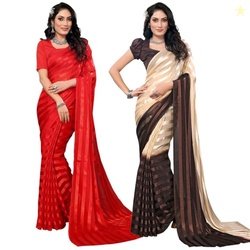 Women's Multicolor Satin Striped Printed Saree with Unstitched Blouse