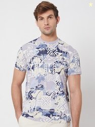 Mufti Abstract Printed Round Neck Pure Cotton Slim Fit T-shirt