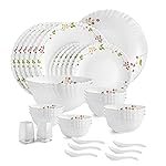 CELLO Secret Garden Dazzle Series Opalware Dinner Set of 35 Pieces for Family of 6 | Bone-Ash Free & Leadfree Opal Glass, Microwave & Dishwasher Safe, Plates & Bowls Crockery Set for Dining & Gifting