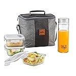 CELLO Glassy Square Lunch Box with Jacket for Office, Transparent | 3 x 320ml Containers & 1 x 500ml Glass Bottle, Microwave Safe Leadfree Toughened Glass, Airtight Leakproof Tiffin Box for Daily Use