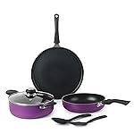 Cello Prima Multipurpose Non-Stick Cookware Set â 6 Pieces | Aluminium | Induction Base | Purple Finish | PFOA-Free | Includes Tawa, Kadai, Fry Pan & Accessories