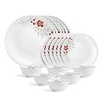 CELLO Scarlet Bliss Dazzle Series Opalware Dinner Set of 18 Pieces for Family of 6 | Bone-Ash Free & Leadfree Opal Glass, Microwave & Dishwasher Safe, Plates & Bowls Crockery Set for Dining & Gifting