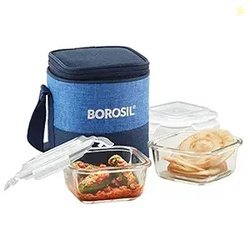 Borosil Prime Lunchbox with Bag | 2pc Square Container Set (320ml Each