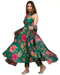 ANNI Designer Women's Cotton Blend Anarkali Printed Kurta with Pant &