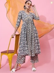 AADAT Floral Printed Empire Pure Cotton Kurta With Palazzos & Dupatta