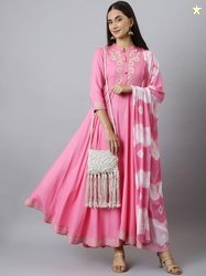 Neemiya Women Printed Keyhole Neck Flared Sleeves Mirror Work Anarkali