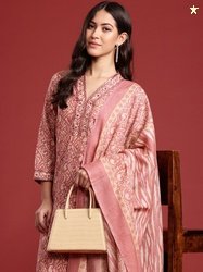 Anouk Printed Mirror Work Kurta With Trousers & Dupatta