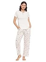 Clovia Women’s Cotton Printed Top & Pyjama Set – White