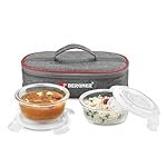 BERGNER Fresh Lunch 2 Pcs Lunch Box Set – Microwave Safe 2 Glass Containers (400ml Each) with BPA Free Lids, Tiffin Boxes with Fabric Bag, Leak Proof, Airtight, Dishwasher Safe – Transparent/Grey