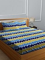 Decorum Zig-Zag Print Double Bedsheet Set | 228 x 220 cm Cotton Blend Bedsheet with 2 Pillow Covers | Blue & Yellow Bold Pattern | Soft & Durable Bedding for All Seasons | Bedroom Decor Essential