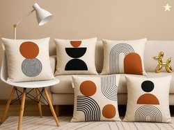 Set of 5 Jute Boho Geometric Cushion Covers, 16 x 16 Inch, Beige Multi