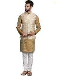 SOJANYA (Since 1958 Men's Silk Blend Mustard Kurta & Cream Pyjama With