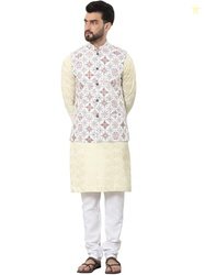 SOJANYA (Since 1958 Men's Cotton foil printed Yellow Kurta and White P