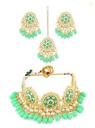 ZAVERI PEARLS Green Meenakari Choker Necklace Earring Maangtikka & Rin