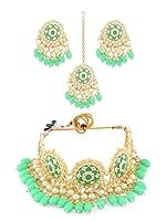 ZAVERI PEARLS Green Meenakari Choker Necklace Earring Maangtikka & Ring Set For Women-ZPFK11606