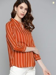Chemistry Rust Orange & Off White Striped Shirt Style Top