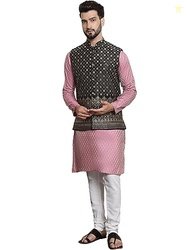 SOJANYA (Since 1958 Men's Jacquard Silk Pink Kurta and Off-White Pyjam