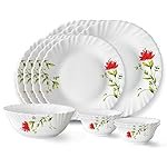 Larah by Borosil Oriental Fluted Series Opalware Dinner Set | 13 Pieces for Family of 4 | Microwave & Dishwasher Safe | Bone-Ash Free | Crockery Set for Dining & Gifting | Plates & Bowls | White