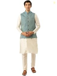 SOJANYA (Since 1958 Men's Silk Blend Off White Kurta Pyjama & PeacockB