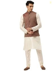 SOJANYA (Since 1958 Men's Silk Blend Off White Kurta Pyjama & Maroon S