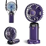 Portable Handheld Fan, 12 hours, Upgrade 3200mAh Portable Fan with LED Display, 90Â° Foldable, 5 Speed Wind,Hand Held/Neck/Desk 3 in 1 Personal Small Fans, Makeup Fans for Women (Purple)