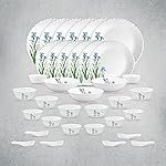 La Opala Opal Glass Crockery | for Family of 6 | Dinner Set 35 pcs Blue Florets | Plates & Bowls for Dining | Microwave Safe | 100% Vegetarian | Extra Strong | Extra Light & White