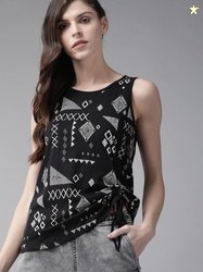 Roadster The Lifestyle Co Women Black Off-White Printed Cotton Top