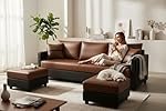 FURNY Opalz Premium 3 Seater Leatherette Sofa Set with 2 Ottomans for Living Room-Modern Fabric Sofa for Living Room | in Dual Brown Color in Leatherette | Durable Comfort | Modern