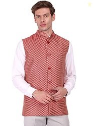 SKAVIJ Men's Indian Dupion Silk Weaving Design Sleeve Less Nehru Jacke