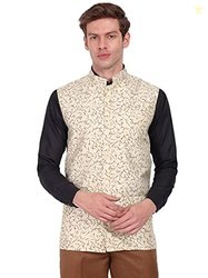 SKAVIJ Men's Indian Dupion Silk Printed Nehru Jacket Waistcoat Beige_S
