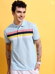 HIGHLANDER Blue Striped Polo Collar Slim Fit T-shirt
