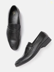 House of Pataudi Men Black Solid Leather Formal Slip-Ons