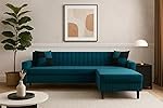 FURNY Gracina Fabric 4 Seater Convertiable L Shape Sofa Set 3 Seater Modern Sofa Set & Ottoman for Living Room (Teal) with Velvet Fabric