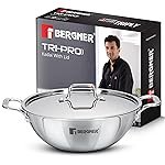 Bergner TriPro Triply Stainless Steel 24cm (3L) Kadai with Stainless Steel Lid, Even Heat Distribution, Consumes Less Oil, Healthy Cooking, Sturdy Handles, Easy to Clean, Induction and Gas Stove Ready