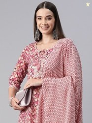Readiprint Women Checked Beaded Pure Cotton Kurta with Trousers & With