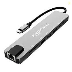 Amazon Basics USB Type-C Hub Dock, 8-in-1 HDCP Aluminium Adapter with