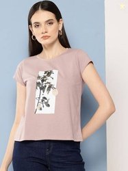 CHEMISTRY Women Printed Round Neck Cotton Blend Beige T-Shirt
