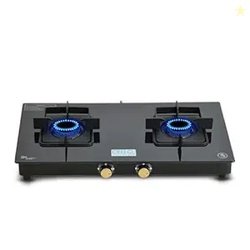 Cello Black Pearl 2 Burner Toughened Glass Top Gas Stove, Brass Burner