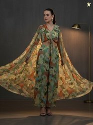 Gerua By Libas Green Floral Printed V-Neck Top and Shrug With Palazzo