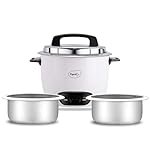 Pigeon by Stovekraft Joy Rice Cooker with Double pot, 1 litres. (White) | Toughened Glass Lid | 400 Watts | 2 Aluminium Cooking Pots | Measuring Cup| Spatula | Energy Efficient Cooking