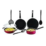 Anjali 8 pcs Cresta Nonstick Combo Kitchen Cookware Set Dosa Tawa 250mm, Fry Pan 240mm, Kadai 240mm, Steel Lid, Sauce Pan 1.6Ltr, Nylon Frying Ladle, Nylon Spatula, Nylon Serving Spoon
