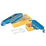 MILTON Mini Fun Treat Lunch Box, Plastic Tiffin 650 ml and Small Container 125 ml with Plastic Spoons, Super Hero School Kids Lunchbox, Leak Proof, Dark Yellow