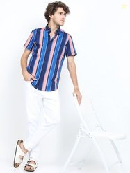 HIGHLANDER Men Blue & Peach-Coloured Slim Fit Multi Stripes Striped Co