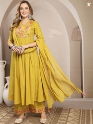 KIMAYRA Embroidered Pure Cotton Kurta With Palazzos & Dupatta