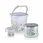 Nayasa Square Ring Marble Plastic Set for Bathroom | 25 Liters Bucket & 1.5 Liters Mug | Bathroom Set of 3 | Accessories Set | Bucket and Mug with Stool | Grey
