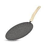 BERGNER Earth Black Non-Stick 26 cm Concave Roti Tawa, Wooden Finish Soft Touch Handle, 3mm Thickness, Even Heat Distribution, White Marble Splatter – Induction Bottom and Gas Ready